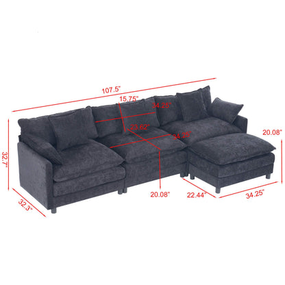 108" 4-Seater L-Shaped Modular Chenille Sofa with Ottoman, Deep Seat Cloud Couch