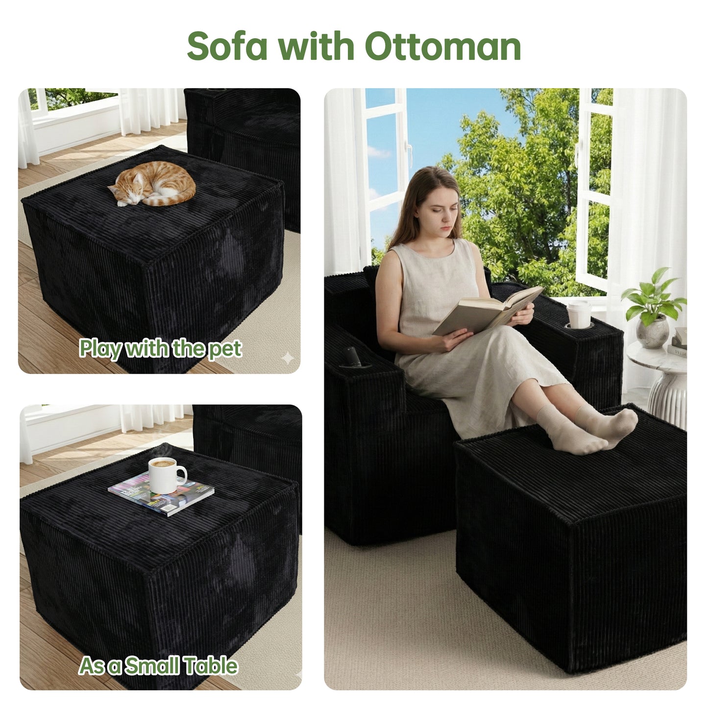 Single-Seat Corduroy Sofa (No Installation) – Black Ottoman Included, Ergonomic Living Room Chair with Cup Holders, Compact & Comfortable