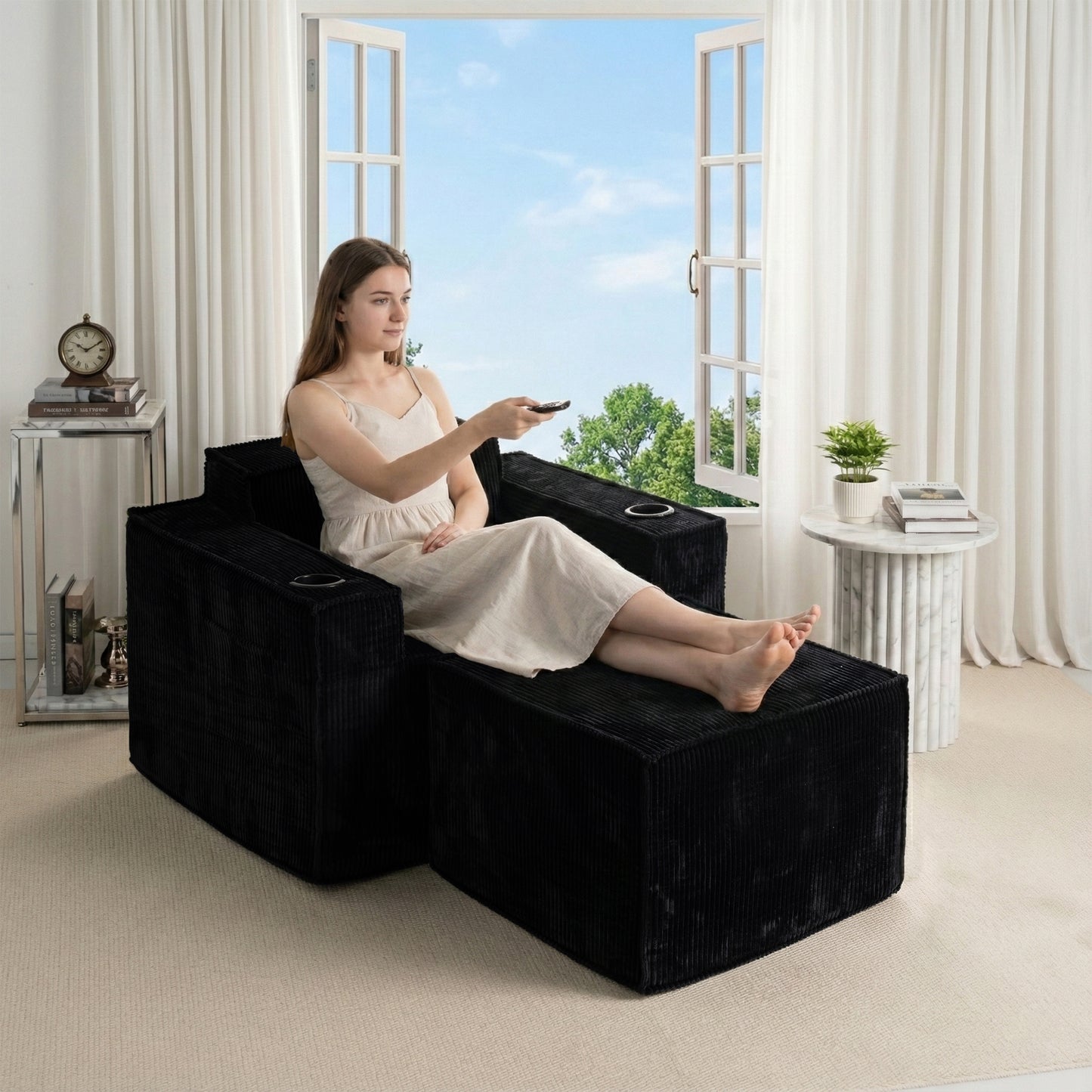 Single-Seat Corduroy Sofa (No Installation) – Black Ottoman Included, Ergonomic Living Room Chair with Cup Holders, Compact & Comfortable