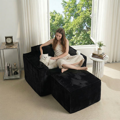 Single-Seat Corduroy Sofa (No Installation) – Black Ottoman Included, Ergonomic Living Room Chair with Cup Holders, Compact & Comfortable