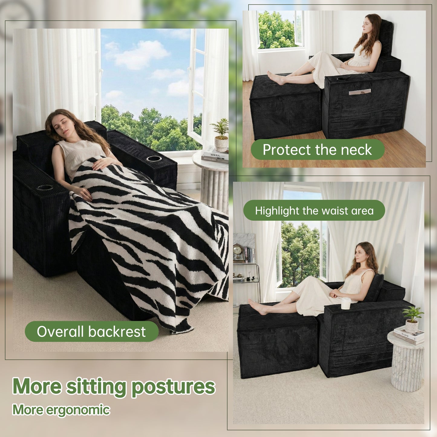 Single-Seat Corduroy Sofa (No Installation) – Black Ottoman Included, Ergonomic Living Room Chair with Cup Holders, Compact & Comfortable