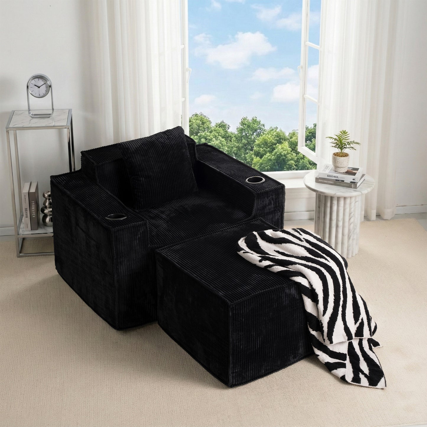 Single-Seat Corduroy Sofa (No Installation) – Black Ottoman Included, Ergonomic Living Room Chair with Cup Holders, Compact & Comfortable