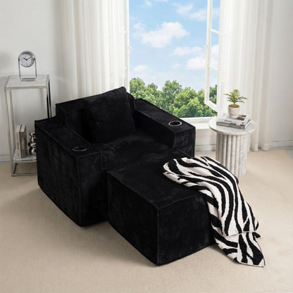 Single-Seat Corduroy Sofa (No Installation) – Black Ottoman Included, Ergonomic Living Room Chair with Cup Holders, Compact & Comfortable