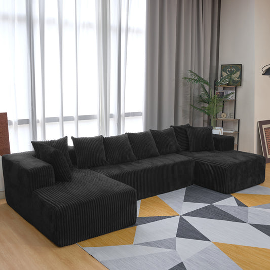 U-Shape Modular Sofa Set - Self-Expanding 6-Seat Sectional with Plush Ergonomic Sponge, Medium Duty Black Polyester Fabric