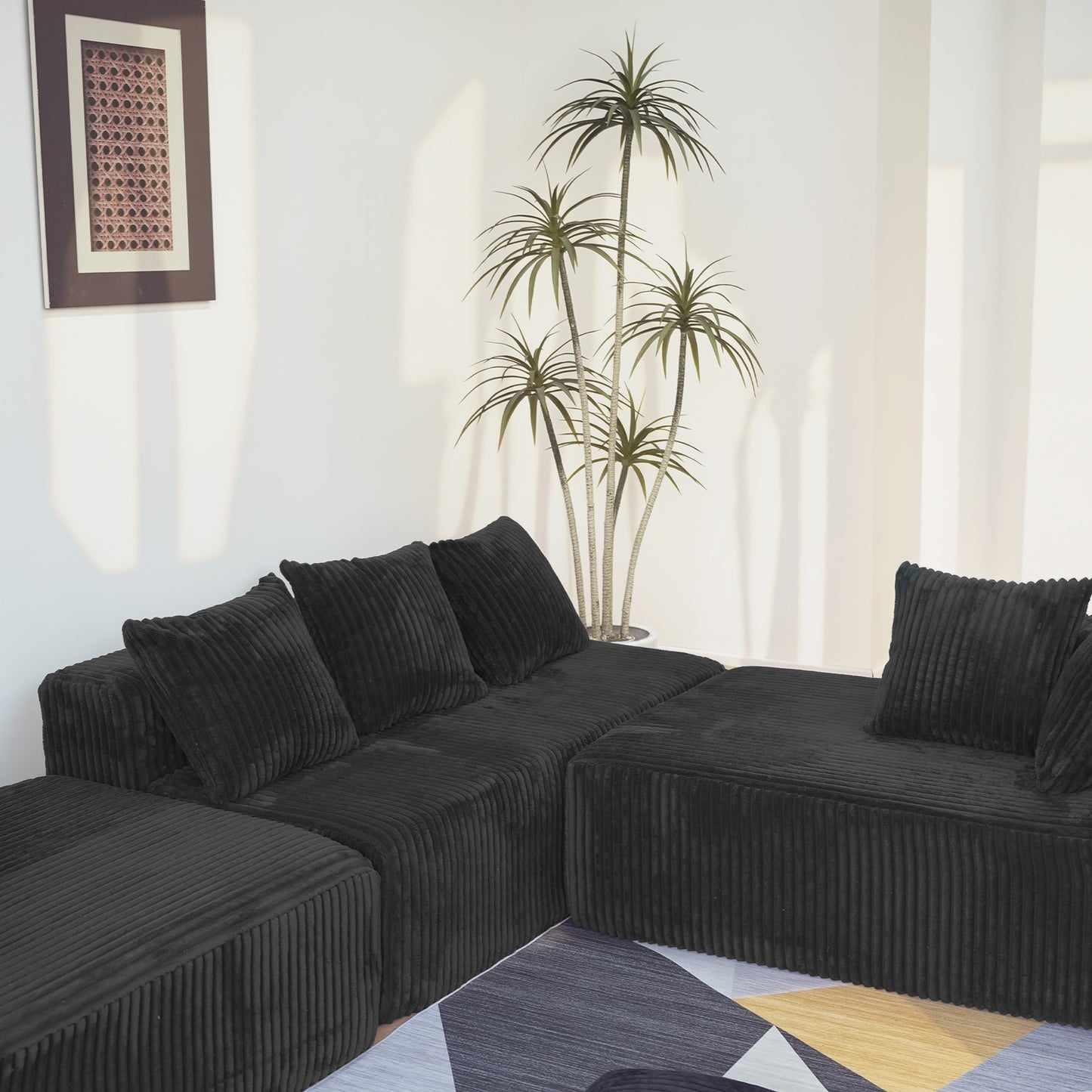 U-Shape Modular Sofa Set - Self-Expanding 6-Seat Sectional with Plush Ergonomic Sponge, Medium Duty Black Polyester Fabric
