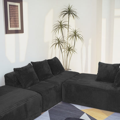 U-Shape Modular Sofa Set - Self-Expanding 6-Seat Sectional with Plush Ergonomic Sponge, Medium Duty Black Polyester Fabric