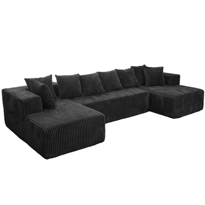 U-Shape Modular Sofa Set - Self-Expanding 6-Seat Sectional with Plush Ergonomic Sponge, Medium Duty Black Polyester Fabric