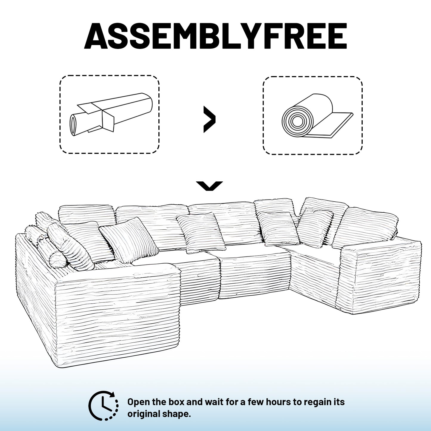 U-Shape Modular Sofa Set - Self-Expanding 6-Seat Sectional with Plush Ergonomic Sponge, Medium Duty Black Polyester Fabric