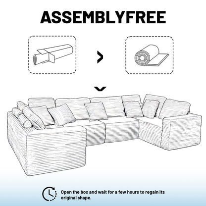 U-Shape Modular Sofa Set - Self-Expanding 6-Seat Sectional with Plush Ergonomic Sponge, Medium Duty Black Polyester Fabric