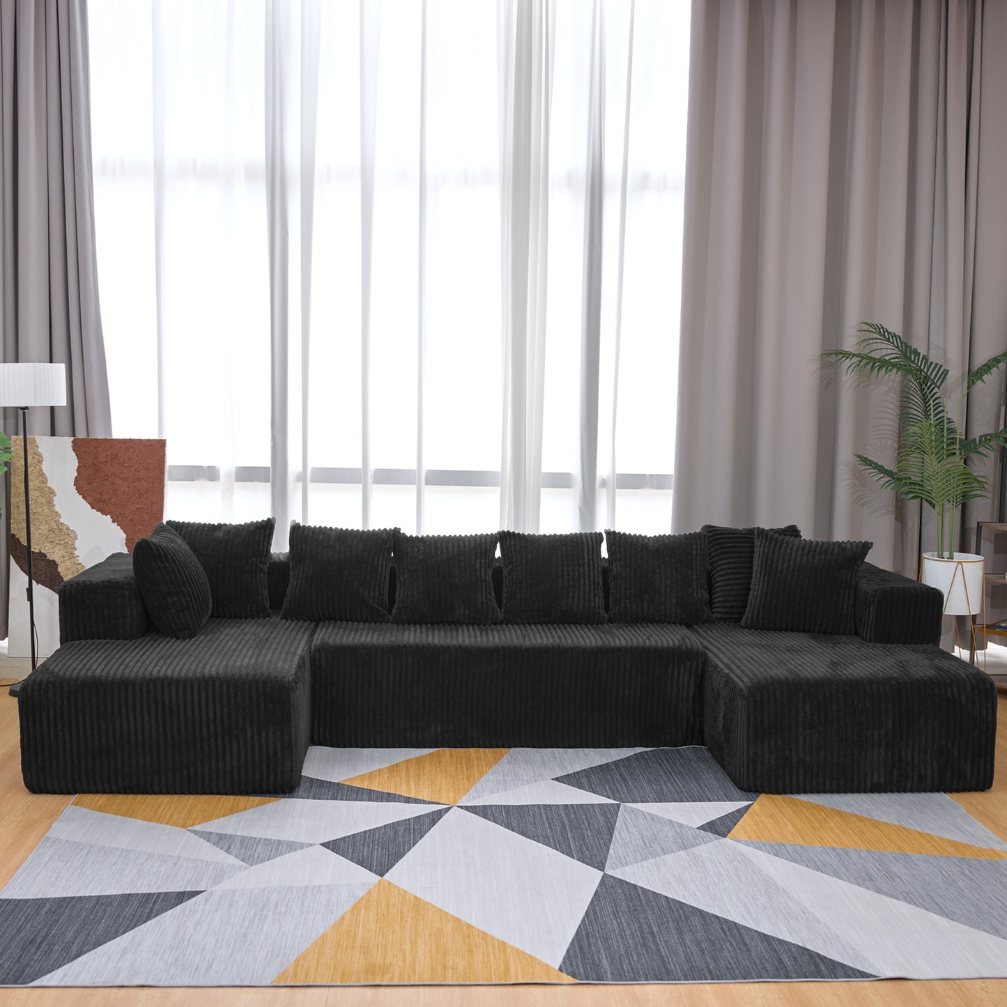 U-Shape Modular Sofa Set - Self-Expanding 6-Seat Sectional with Plush Ergonomic Sponge, Medium Duty Black Polyester Fabric
