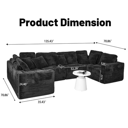 U-Shape Modular Sofa Set - Self-Expanding 6-Seat Sectional with Plush Ergonomic Sponge, Medium Duty Black Polyester Fabric