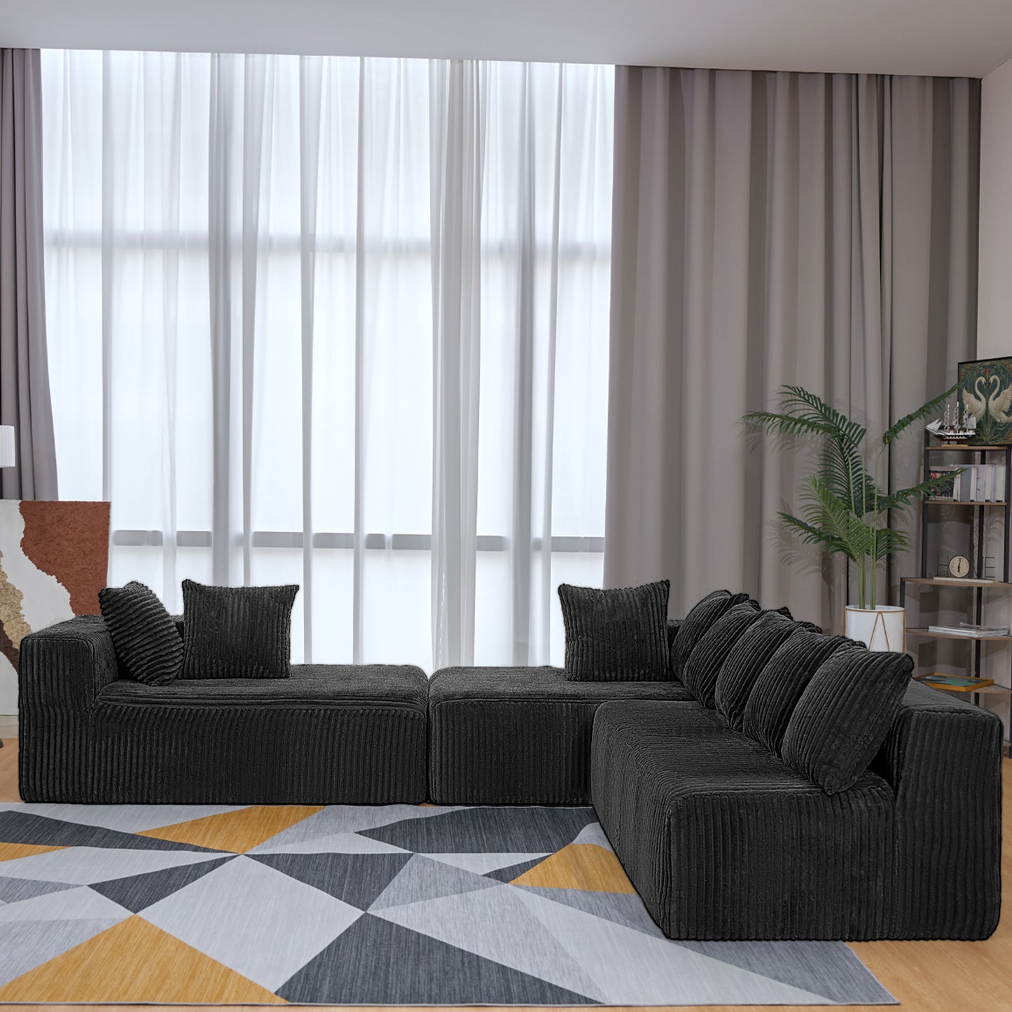 U-Shape Modular Sofa Set - Self-Expanding 6-Seat Sectional with Plush Ergonomic Sponge, Medium Duty Black Polyester Fabric