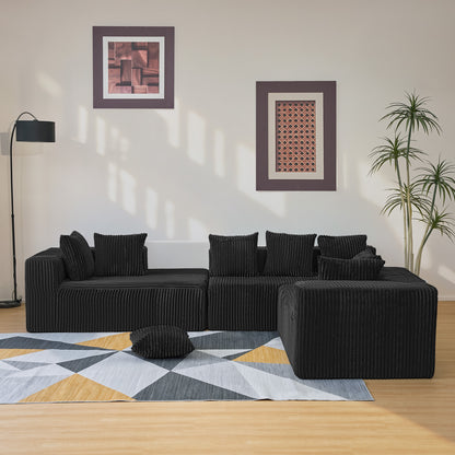 U-Shape Modular Sofa Set - Self-Expanding 6-Seat Sectional with Plush Ergonomic Sponge, Medium Duty Black Polyester Fabric