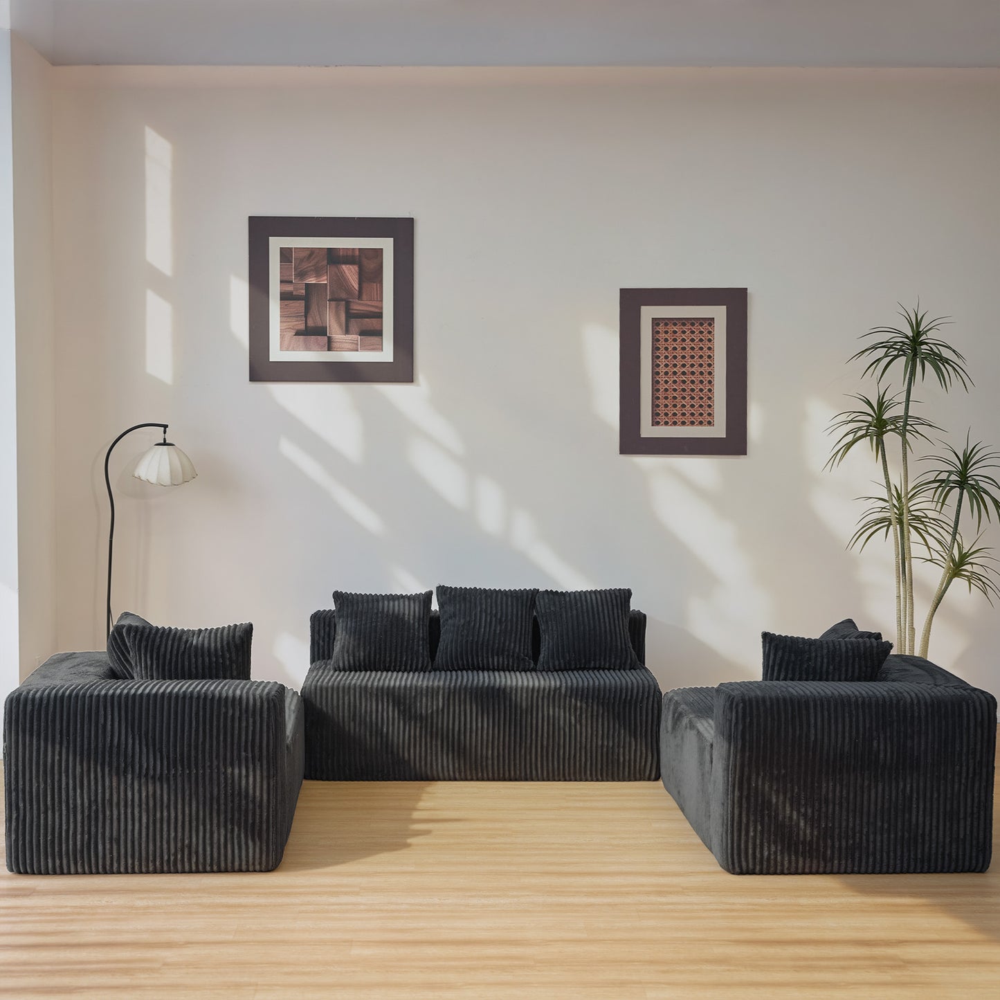 U-Shape Modular Sofa Set - Self-Expanding 6-Seat Sectional with Plush Ergonomic Sponge, Medium Duty Black Polyester Fabric