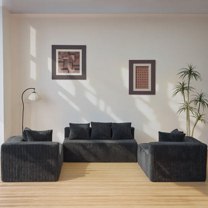 U-Shape Modular Sofa Set - Self-Expanding 6-Seat Sectional with Plush Ergonomic Sponge, Medium Duty Black Polyester Fabric