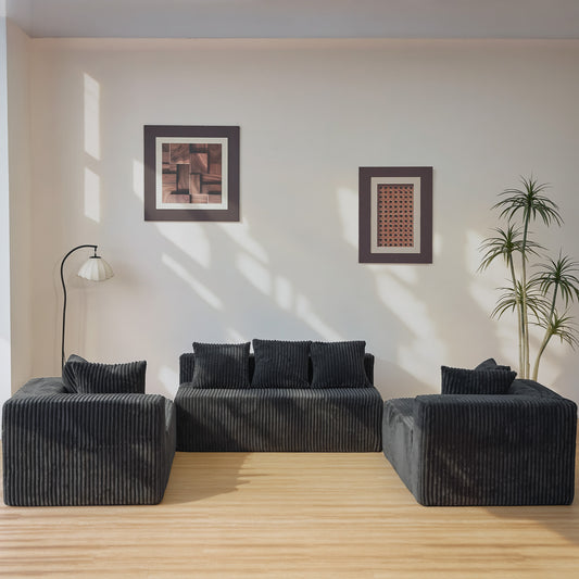 U-Shape Modular Sofa Set - Self-Expanding 6-Seat Sectional with Plush Ergonomic Sponge, Medium Duty Black Polyester Fabric