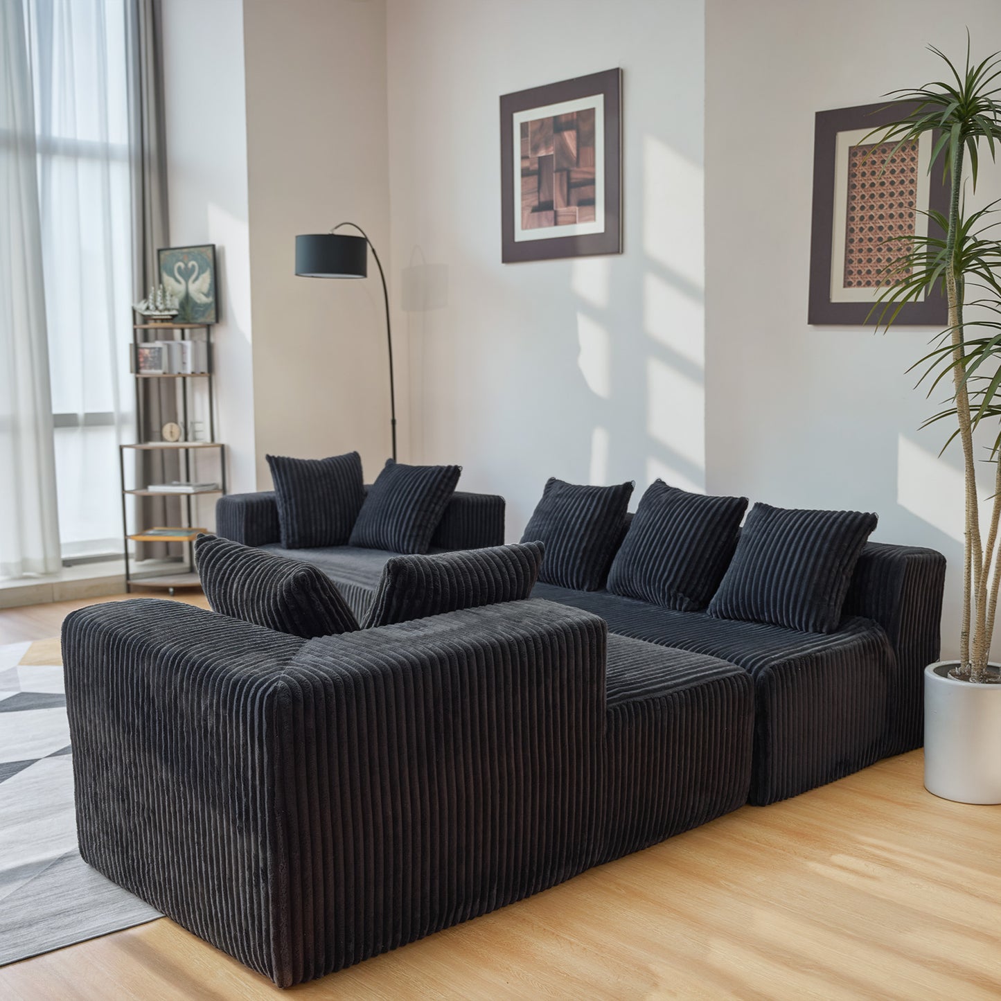 U-Shape Modular Sofa Set - Self-Expanding 6-Seat Sectional with Plush Ergonomic Sponge, Medium Duty Black Polyester Fabric