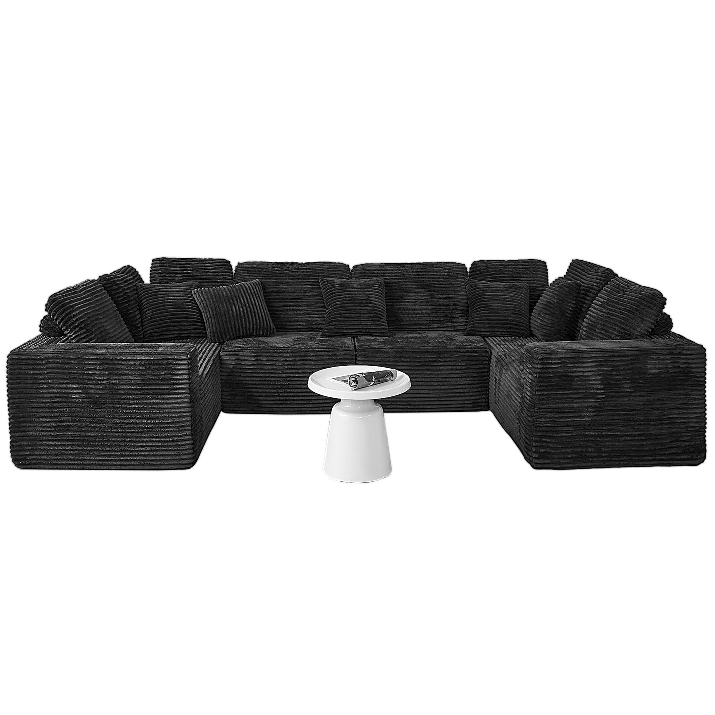 U-Shape Modular Sofa Set - Self-Expanding 6-Seat Sectional with Plush Ergonomic Sponge, Medium Duty Black Polyester Fabric