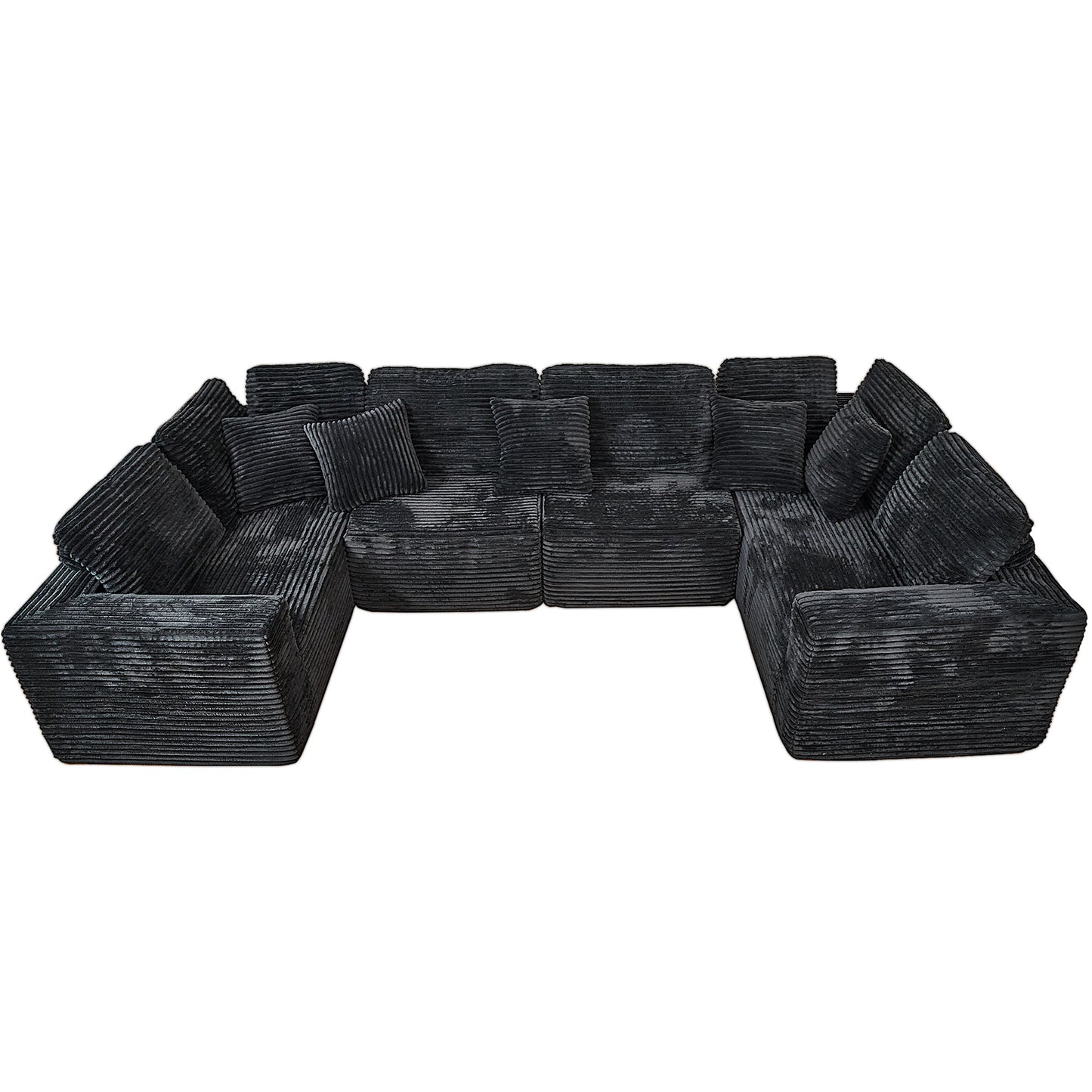 U-Shape Modular Sofa Set - Self-Expanding 6-Seat Sectional with Plush Ergonomic Sponge, Medium Duty Black Polyester Fabric