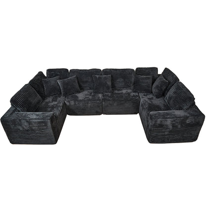 U-Shape Modular Sofa Set - Self-Expanding 6-Seat Sectional with Plush Ergonomic Sponge, Medium Duty Black Polyester Fabric
