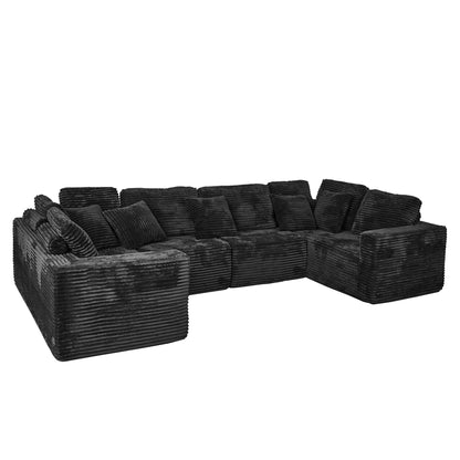U-Shape Modular Sofa Set - Self-Expanding 6-Seat Sectional with Plush Ergonomic Sponge, Medium Duty Black Polyester Fabric