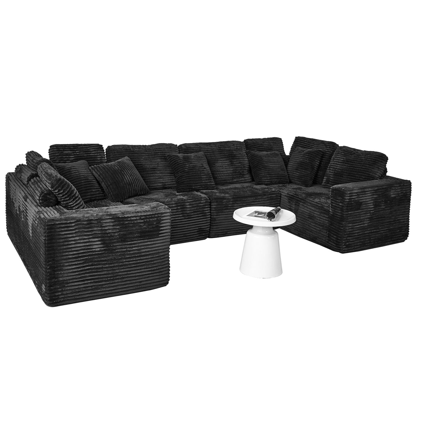 U-Shape Modular Sofa Set - Self-Expanding 6-Seat Sectional with Plush Ergonomic Sponge, Medium Duty Black Polyester Fabric