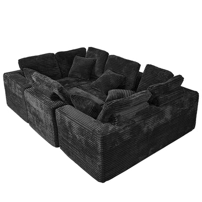 U-Shape Modular Sofa Set - Self-Expanding 6-Seat Sectional with Plush Ergonomic Sponge, Medium Duty Black Polyester Fabric