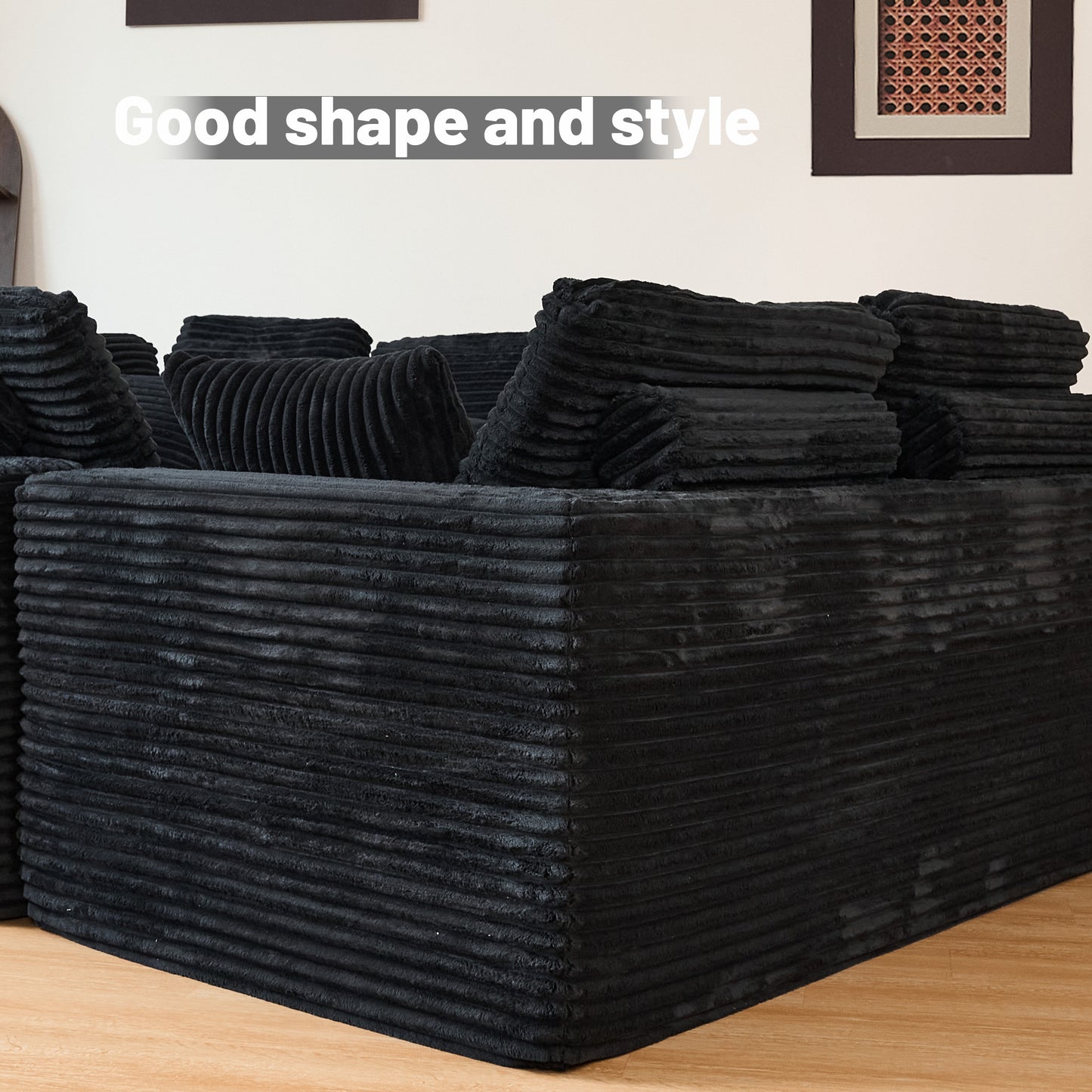 U-Shape Modular Sofa Set - Self-Expanding 6-Seat Sectional with Plush Ergonomic Sponge, Medium Duty Black Polyester Fabric