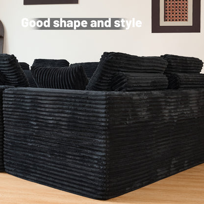U-Shape Modular Sofa Set - Self-Expanding 6-Seat Sectional with Plush Ergonomic Sponge, Medium Duty Black Polyester Fabric