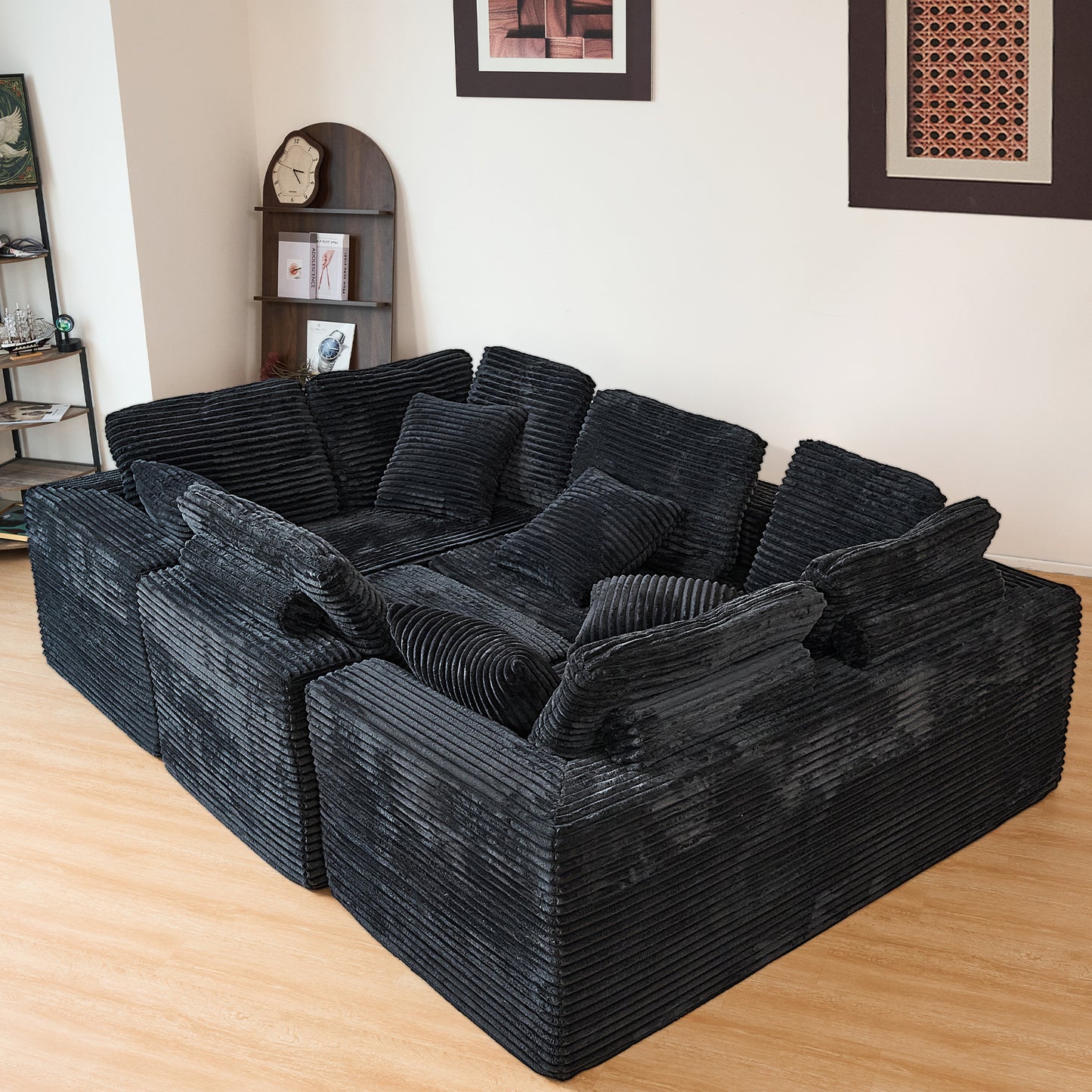 U-Shape Modular Sofa Set - Self-Expanding 6-Seat Sectional with Plush Ergonomic Sponge, Medium Duty Black Polyester Fabric