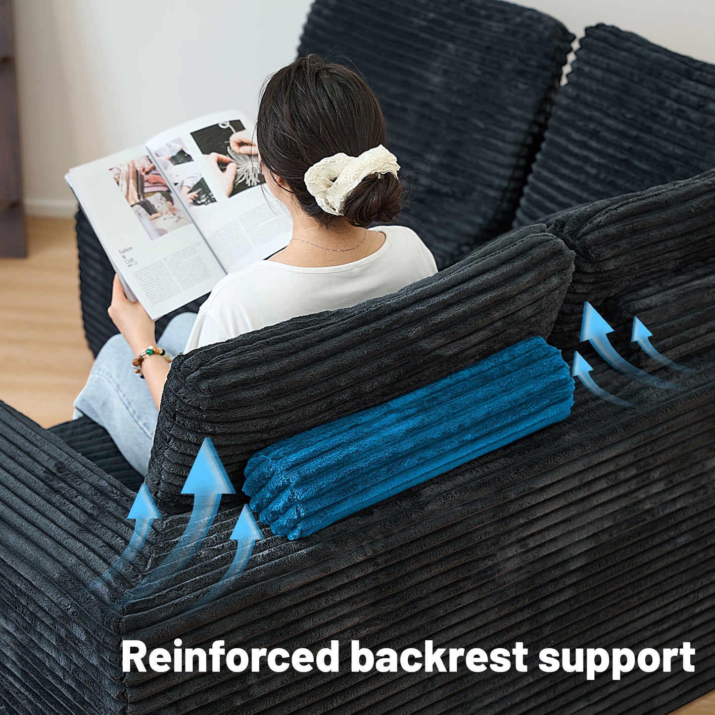 U-Shape Modular Sofa Set - Self-Expanding 6-Seat Sectional with Plush Ergonomic Sponge, Medium Duty Black Polyester Fabric