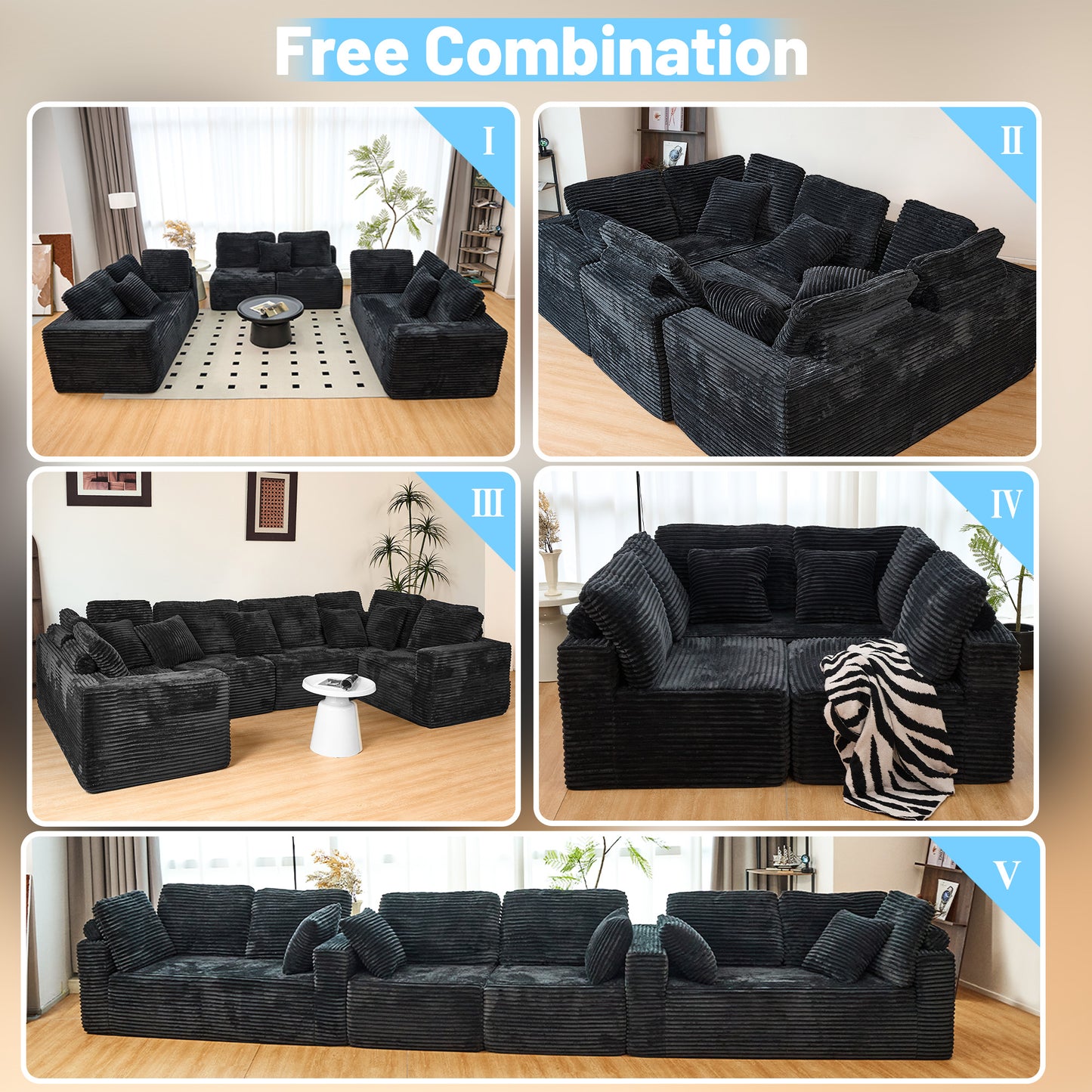 U-Shape Modular Sofa Set - Self-Expanding 6-Seat Sectional with Plush Ergonomic Sponge, Medium Duty Black Polyester Fabric