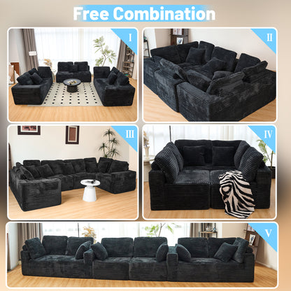 U-Shape Modular Sofa Set - Self-Expanding 6-Seat Sectional with Plush Ergonomic Sponge, Medium Duty Black Polyester Fabric