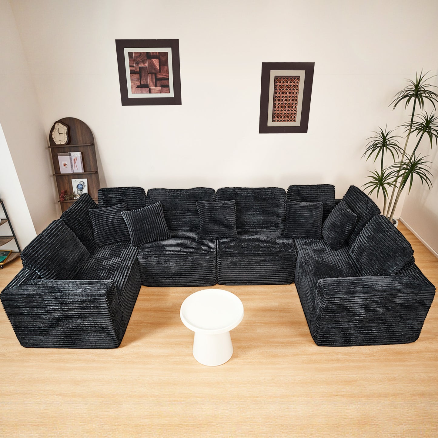U-Shape Modular Sofa Set - Self-Expanding 6-Seat Sectional with Plush Ergonomic Sponge, Medium Duty Black Polyester Fabric