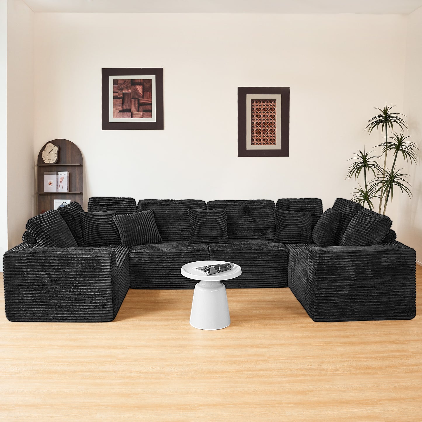 U-Shape Modular Sofa Set - Self-Expanding 6-Seat Sectional with Plush Ergonomic Sponge, Medium Duty Black Polyester Fabric
