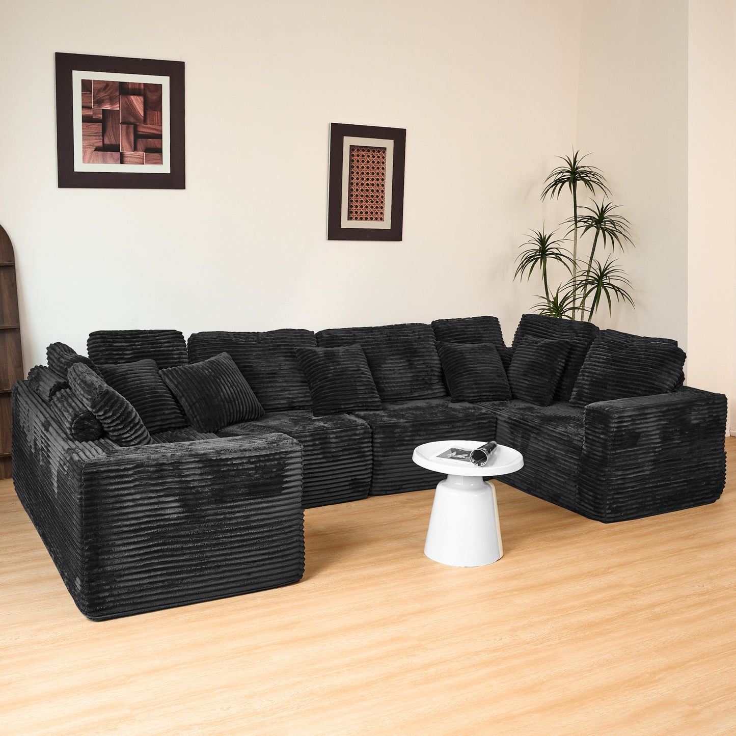 U-Shape Modular Sofa Set - Self-Expanding 6-Seat Sectional with Plush Ergonomic Sponge, Medium Duty Black Polyester Fabric