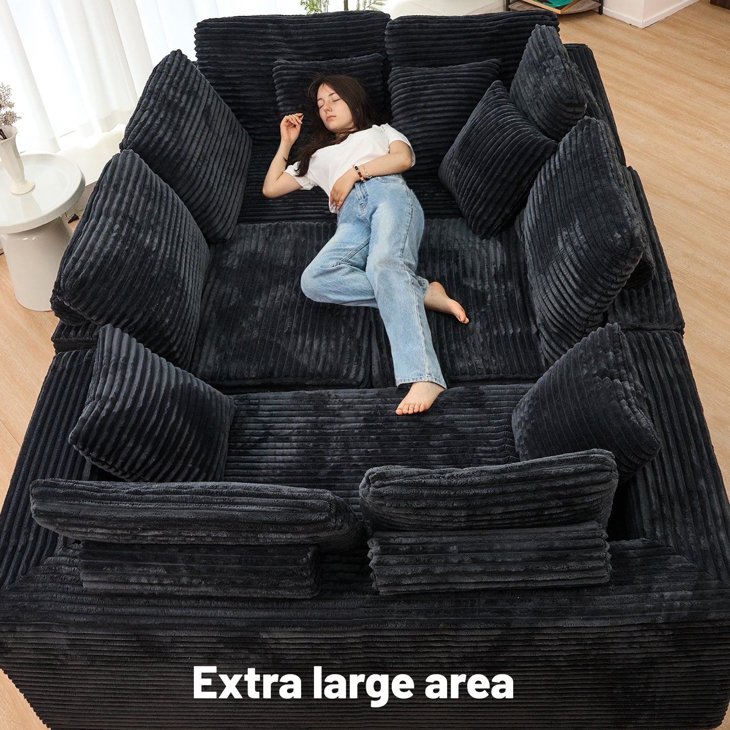 U-Shape Modular Sofa Set - Self-Expanding 6-Seat Sectional with Plush Ergonomic Sponge, Medium Duty Black Polyester Fabric