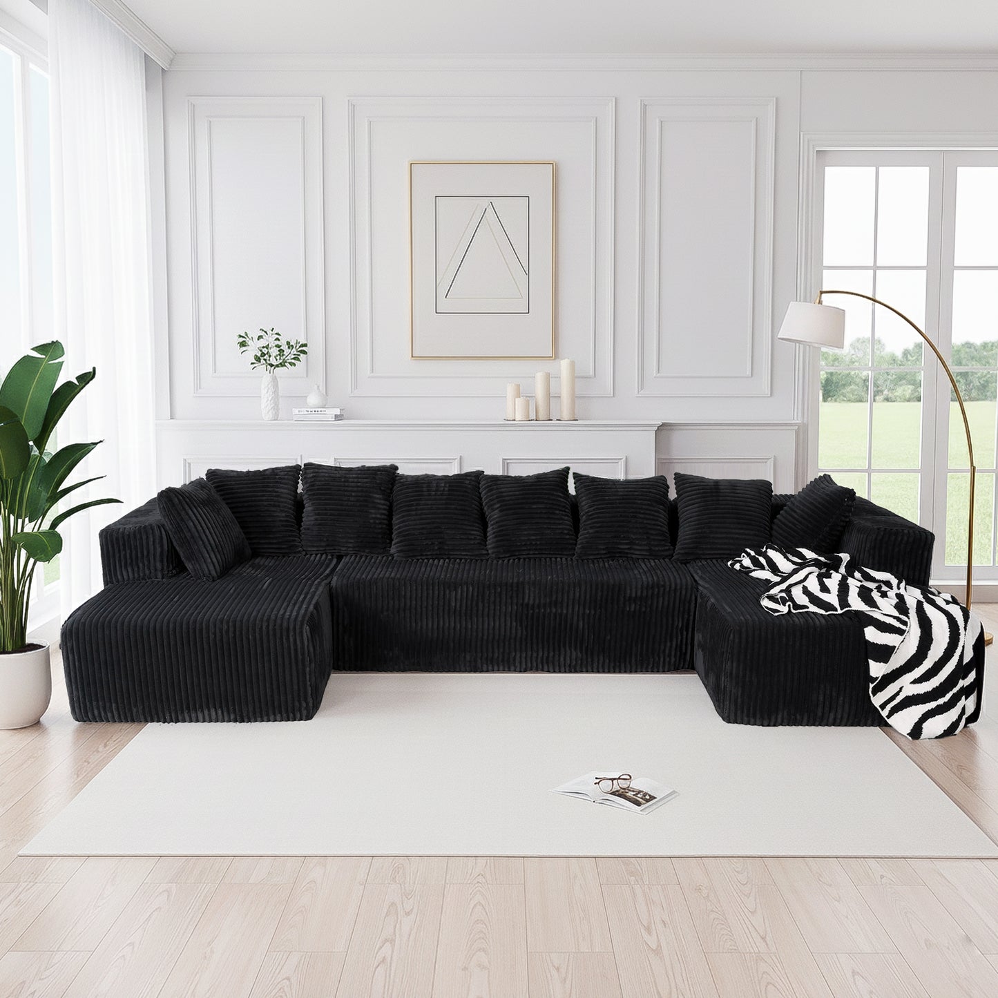 U-Shaped Modular Sectional Sofa in Black Polyester - 6-Seat Indoor Lounge with Ergonomic Foam