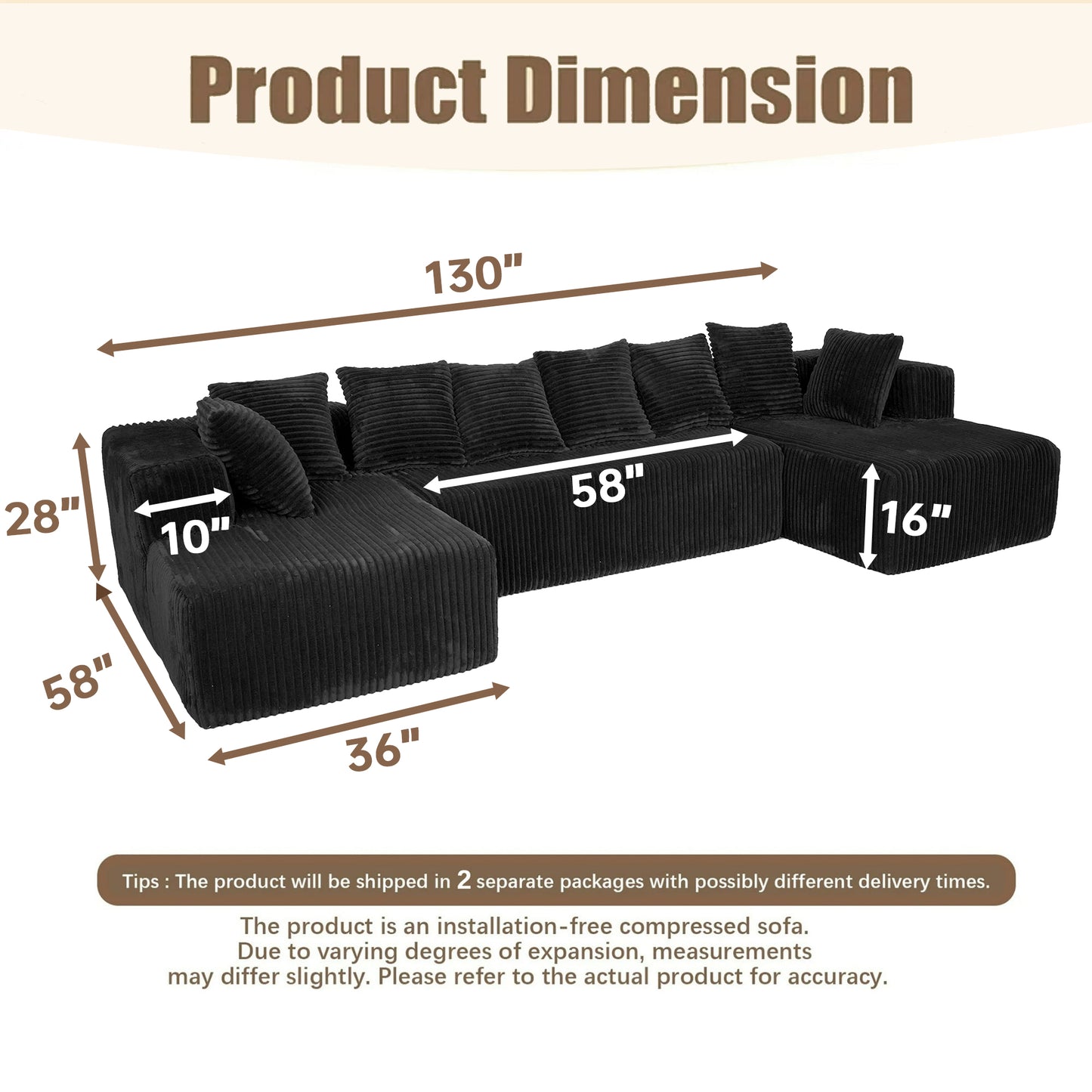 U-Shaped Modular Sectional Sofa in Black Polyester - 6-Seat Indoor Lounge with Ergonomic Foam