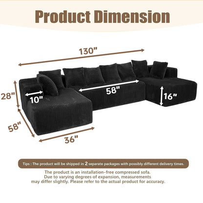 U-Shaped Modular Sectional Sofa in Black Polyester - 6-Seat Indoor Lounge with Ergonomic Foam