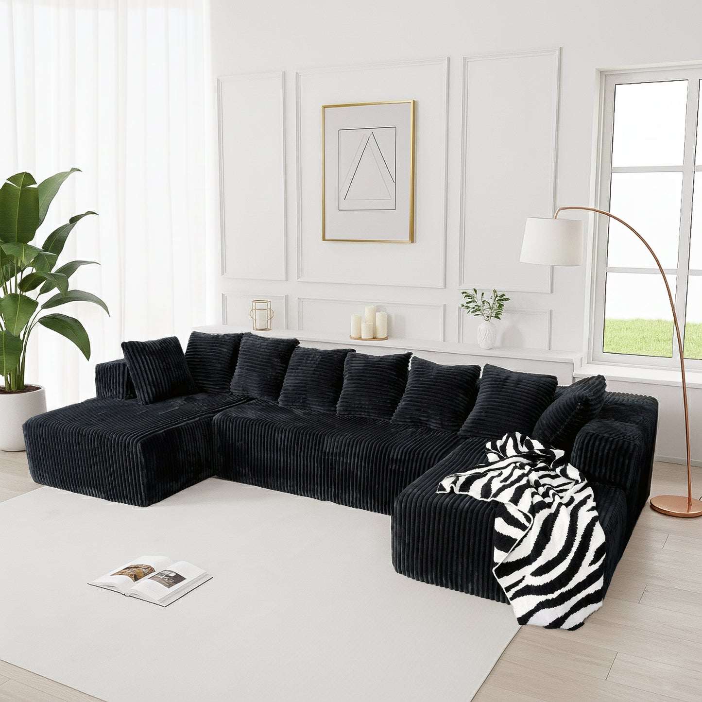 U-Shaped Modular Sectional Sofa in Black Polyester - 6-Seat Indoor Lounge with Ergonomic Foam