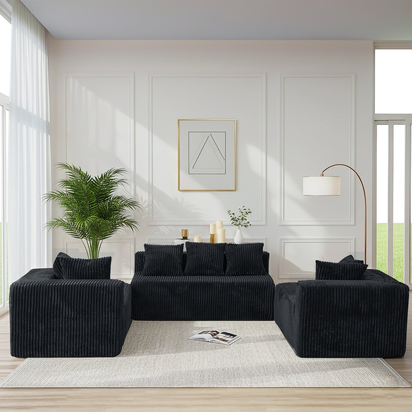 U-Shaped Modular Sectional Sofa in Black Polyester - 6-Seat Indoor Lounge with Ergonomic Foam