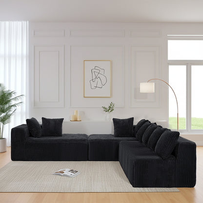 U-Shaped Modular Sectional Sofa in Black Polyester - 6-Seat Indoor Lounge with Ergonomic Foam