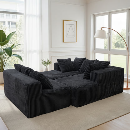 U-Shaped Modular Sectional Sofa in Black Polyester - 6-Seat Indoor Lounge with Ergonomic Foam