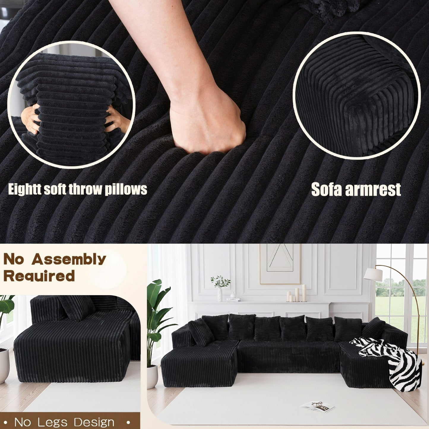 U-Shaped Modular Sectional Sofa in Black Polyester - 6-Seat Indoor Lounge with Ergonomic Foam