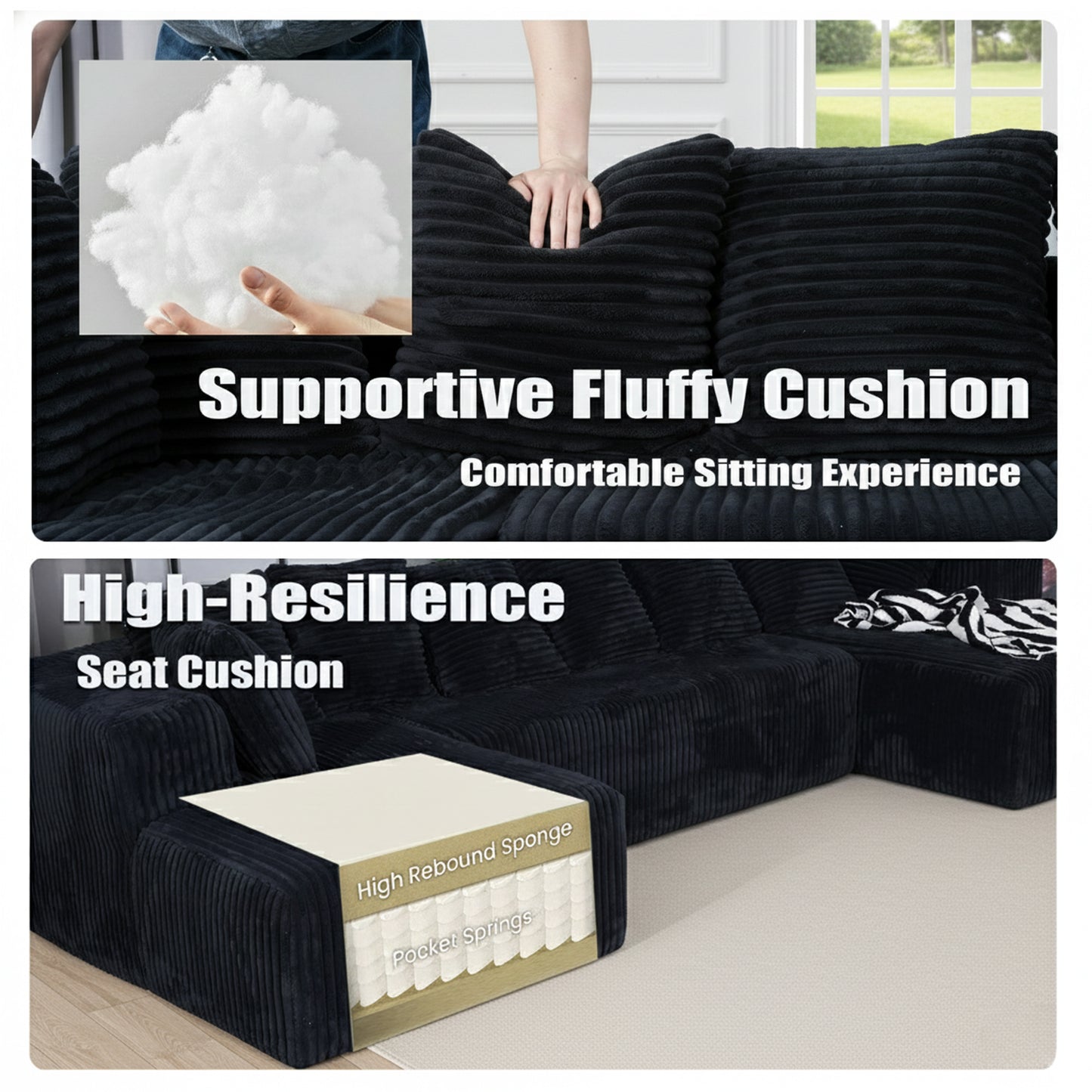 U-Shaped Modular Sectional Sofa in Black Polyester - 6-Seat Indoor Lounge with Ergonomic Foam