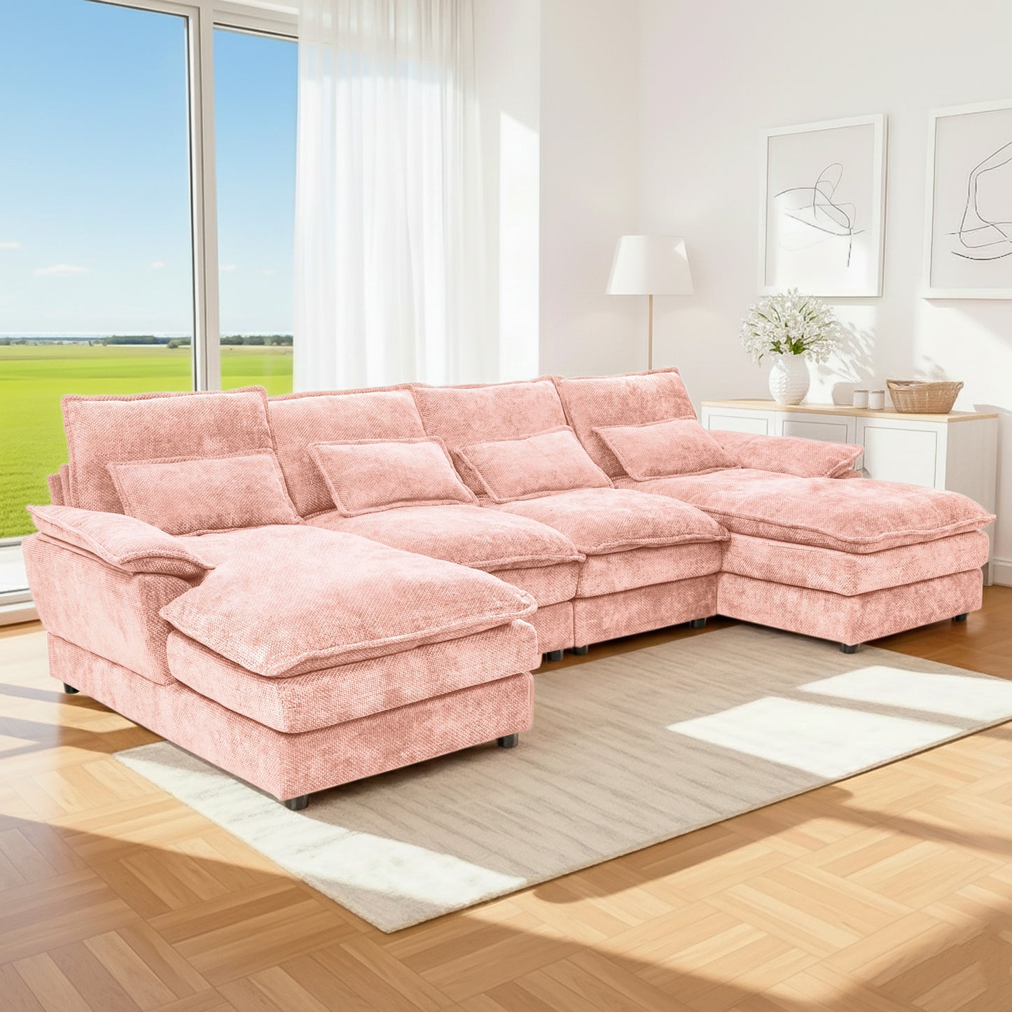 U-Shaped Pink Chenille Sectional Sofa with Solid Wood Frame – 4-Seat Modular Living Room Couch