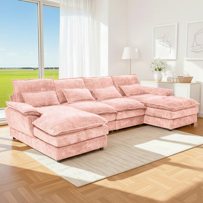 U-Shaped Pink Chenille Sectional Sofa with Solid Wood Frame – 4-Seat Modular Living Room Couch