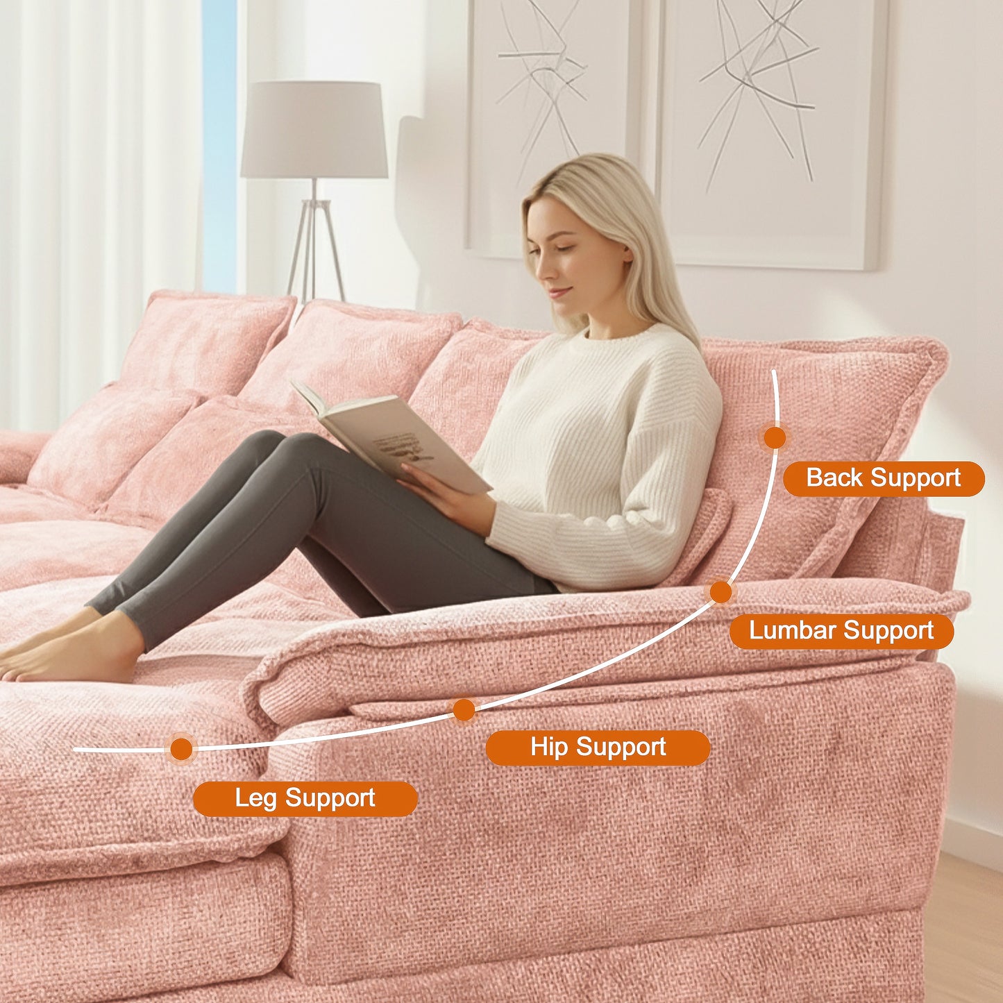U-Shaped Pink Chenille Sectional Sofa with Solid Wood Frame – 4-Seat Modular Living Room Couch