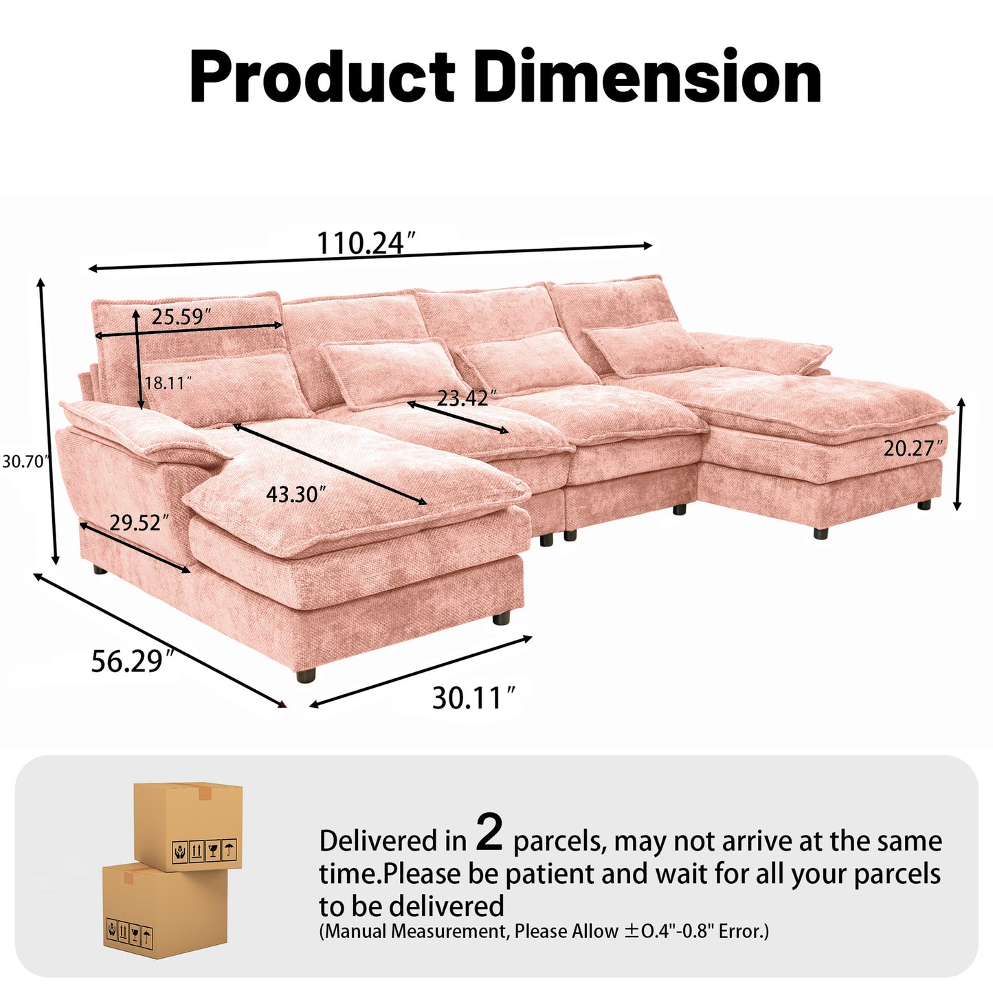 U-Shaped Pink Chenille Sectional Sofa with Solid Wood Frame – 4-Seat Modular Living Room Couch